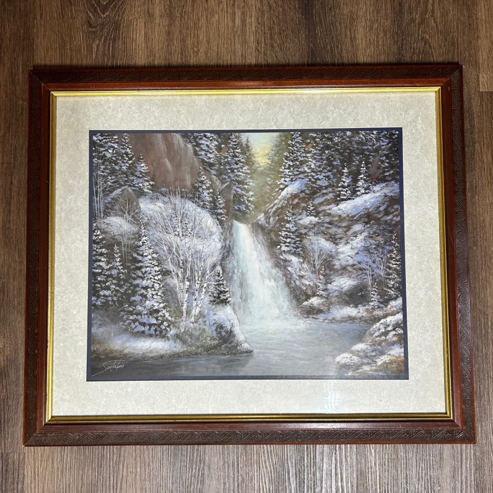 Vtg Sam Valaro Hidden Wolf Winter Waterfall Framed Art Print Home Interiors 2002